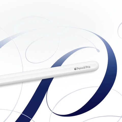 Apple Pencil Pro, white, shown on a white background with blue swirls