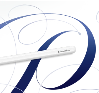 Apple Pencil Pro, white, shown on a white background with blue swirls