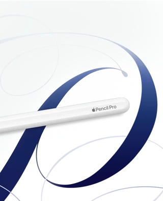 Apple Pencil Pro, white, shown on a white background with blue swirls
