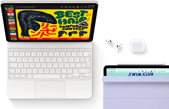 iPad Air, Starlight color, colorful graphics on screen, attached to Magic Keyboard, Airpods Pro and Apple Pencil Pro accessories