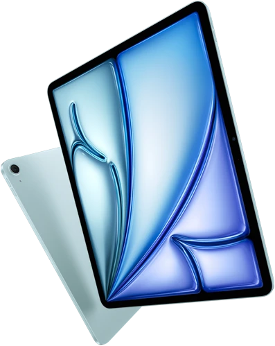 Front angle of 13-inch iPad Air, colorful display on screen, 11-inch iPad Air with back exterior and 12MP Wide back camera