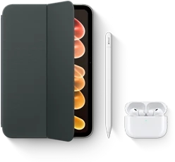جهاز iPad&nbsp;mini معروض مع اكسسوارات متوافقة بما في ذلك المحفظة الذكية لجهاز iPad&nbsp;mini (بشريحة A20&nbsp;Pro)، وقلم Apple‏ USB‑C، وAirPods&nbsp;Pro&nbsp;3‏