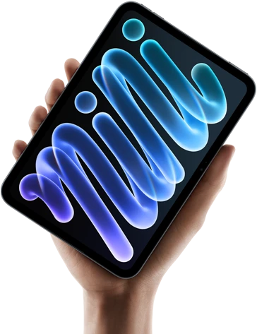 جهاز iPad&nbsp;mini، الجهة الأمامية، محمول باليد، هيكل أسود، شاشة تعرض أشكالاً تجريدية بلون أزرق وليلكي