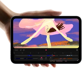 iPad mini, displayed in hand, front view, showing video editing interface with colorful clips, A20 Pro chip mentioned below