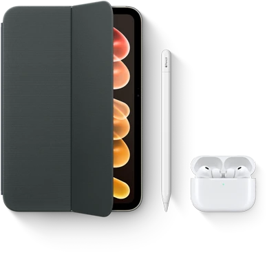 iPad mini, displayed with compatible accessories including Smart Folio for iPad mini (A20 Pro), Apple Pencil USB-C, and AirPods Pro 3