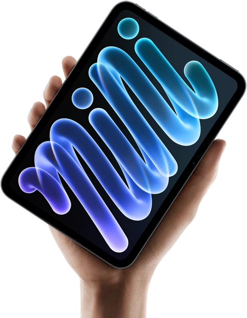 iPad mini, front view, held in hand, black enclosure, displaying blue and purple abstract shapes on screen