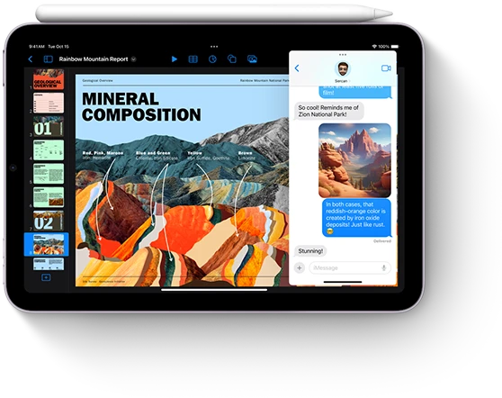iPad mini is shown in landscape view with Apple Pencil laying across the top. The display highlights the multitasking and new Apple Intelligence features of iPad mini