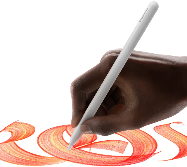 Apple Pencil Pro is used to create a colorful, swirly script held by a user's hand