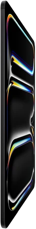 جهاز iPad Pro، الجزء الأمامي الخارجي، لون أسود فلكي، هيكل من الألومنيوم والزجاج، تصميم نحيف، مائل للخلف مع شاشة تعرض رسماً لخطوط متعددة الألوان