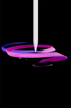 قلم Apple Pro‏، الجزء الأمامي الخارجي، الوضع الرأسي، صورة جانبية، لون أبيض، القلم يرسم تصميماً من شرائط تجريدية باللونين الأرجواني والوردي