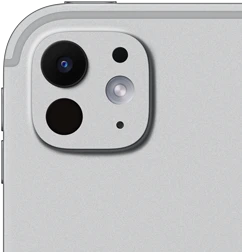 iPad Pro, back exterior, silver color, pro camera system with five-element lens and adaptive true tone flash