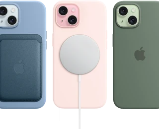 iPhone 15 showing iPhone 15 Silicon Case with MagSafe, FineWoven Wallet with Magsafe, MagSafe Charger, MagSafe Battery Pack.