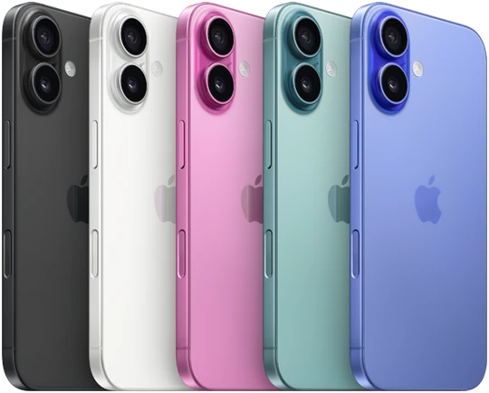 صورة لجهاز iPhone&nbsp;16 تظهر جانبه الخلفي الخارجي مع نظام الكاميرا المزدوجة المتطور النافر وشعار Apple في الوسط بالألوان الخمسة كلها، الأسود والأبيض والفيروزي والوردي وأزرق عمق البحر