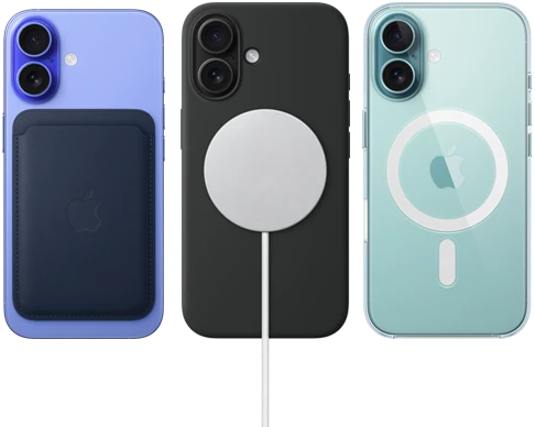 ثلاثة أجهزة iPhone&nbsp;16 يظهر جانبها الخارجي الخلفي مع اكسسوارات MagSafe مثبتة عليها: محفظة MagSafe من نسيج محبوك لجهاز iPhone، وشاحن MagSafe مع حافظة من السيليكون، وحافظة MagSafe باللون الشفاف لجهاز iPhone‏