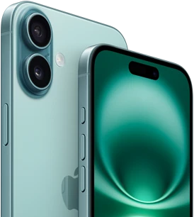 iPhone 16 Plus and iPhone 16, Action button, volume buttons, Side button, and Camera Control, front exterior all-screen design, Dynamic Island centered near top, back exterior, Teal finish, raised Advanced dual-camera system in top left corner, Apple logo in center