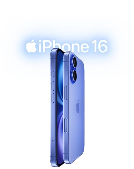 Two iPhone 16 devices, side exterior, stacked facing each other in Ultramarine finishes, volume buttons, Action button, Side button, Camera Control button, Apple logo in center, raised Advanced dual-camera system