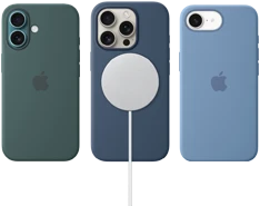 اكسسوارات MagSafe متنوعة لأجهزة iPhone. حافظة iPhone&nbsp;16 من السيليكون مع MagSafe‏ بلون أخضر البحيرات، حافظة iPhone&nbsp;16&nbsp;Pro من السيليكون مع MagSafe‏ بلون أزرق جينز فاتح، متصلة بشاحن MagSafe بلون أبيض، حافظة iPhone&nbsp;16e من السيليكون بلون أزرق شتوي
