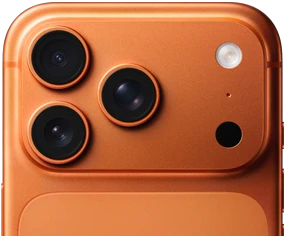 iPhone 17 Pro, Cosmic Orange partial back exterior, Pro camera system in top left corner, 3 lenses, microphone, flash