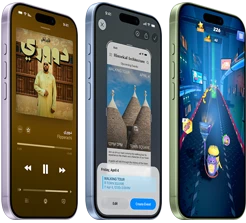 أجهزة iPhone 17، الجزء الأمامي الخارجي، الجزء الجانبي الخارجي، تعرض Apple Music، الذكاء المرئي، الألعاب، الأزرار: زر الإجراءات، زرّا مستوى الصوت