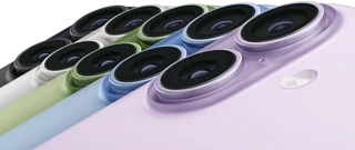 iPhone 17، الجزء الخلفي الخارجي، نظام كاميرا Fusion مزدوجة، كل الألوان الخمسة متداخلة: أسود، وأبيض، وأخضر رمادي، وأزرق ضبابي، وليلكي ناعم