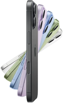 iPhone&nbsp;17، الجزء الجانبي الخارجي، الألوان الخمسة: أسود، وليلكي ناعم، وأزرق ضبابي، وأخضر رمادي، وأبيض