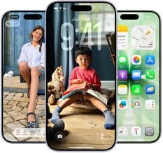 iPhone 17، الجزء الأمامي الخارجي، Dynamic Island في الوسط قرب الجهة العلوية، ثلاثة ألوان: أزرق ضبابي، وليلكي ناعم، وأخضر رمادي