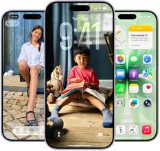 iPhone 17, exterior front, Dynamic Island centered near top, three colors: Mist Blue, Lavender, Sage