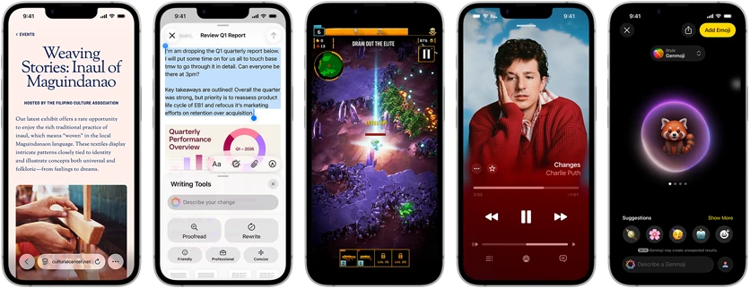 أجهزة iPhone 17e جنباً إلى جنب تعرض شاشات مختلفة: لعبة قيد التشغيل، وأدوات الكتابة، وتطبيق Apple TV، وفعالية يتم إنشاؤها في التقويم، ورمز جنموجي يتم إنشاؤه