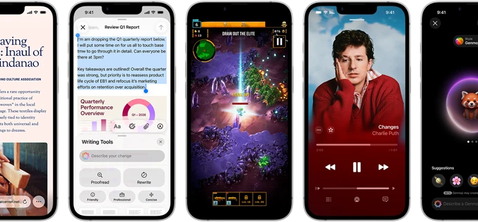 أجهزة iPhone 17e جنباً إلى جنب تعرض شاشات مختلفة: لعبة قيد التشغيل، وأدوات الكتابة، وتطبيق Apple TV، وفعالية يتم إنشاؤها في التقويم،