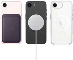 جهاز iPhone&nbsp;17e باللون الزهري الناعم مع محفظة من نسيج محبوك بلون ليلكي ليلي، جهاز iPhone&nbsp;17e باللون الأسود مع حافظة من السيليكون باللون الأسود مع شاحن&nbsp;MagSafe، جهاز iPhone&nbsp;17e باللون الأبيض مع حافظة شفافة مع&nbsp;MagSafe‏