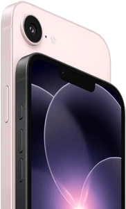 جهاز iPhone&nbsp;17e، الجهة الجانبية والجزء الخارجي الخلفي في الوضع الأفقي، لون زهري ناعم، جهاز iPhone&nbsp;17e، الجهة الجانبية والجزء الخارجي الأمامي في الوضع الأفقي، لون أسود