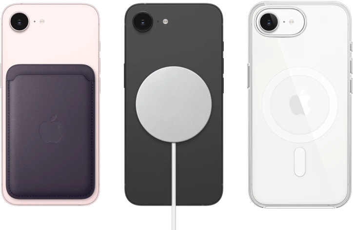 جهاز iPhone 17e، الجزء الخارجي الخلفي، لون زهري ناعم، محفظة من نسيج محبوك مع MagSafe مثبتة، جهاز iPhone 17e، الجانب الخارجي الخلفي، لون أسود، شاحن MagSafe مثبت، جهاز iPhone 17e، الجزء الخارجي الخلفي، لون أبيض، حافظة شفافة مع MagSafe مثبتة