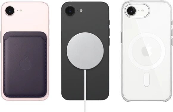جهاز iPhone 17e، الجزء الخارجي الخلفي، لون زهري ناعم، محفظة من نسيج محبوك مع MagSafe مثبتة، جهاز iPhone 17e، الجزء الخارجي الخلفي، لون أسود، شاحن MagSafe مثبت، جهاز iPhone 17e، الجزء الخارجي الخلفي، لون أبيض، حافظة شفافة مع MagSafe مثبتة