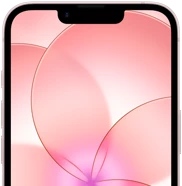 جهاز iPhone 17e، جزء من الجانب الخارجي الأمامي مع درع السيراميك 2، لون زهري ناعم، يعرض صورة خلفية لزهرة وردية