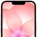جهاز iPhone 17e، جزء من الجانب الخارجي الأمامي مع درع السيراميك 2، لون زهري ناعم، يعرض صورة خلفية لزهرة وردية