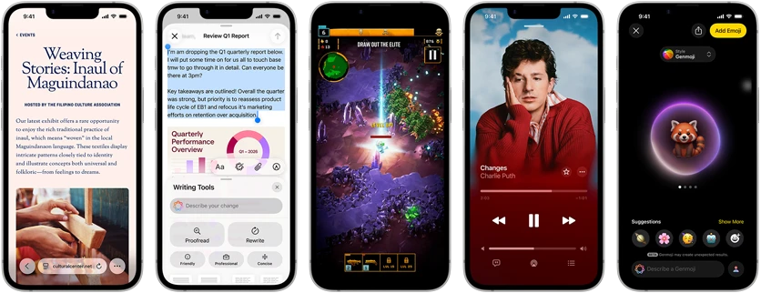 Side-by-side iPhone 17e devices showing different screens: a game being played, Writing Tools, Apple TV app, a calendar event being created, a Genmoji being created