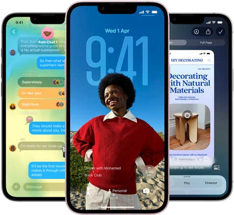 Three iPhone 17e devices, showing Messages app with Liquid Glass design, dynamic Lock Screen, and Visual Intelligence in use