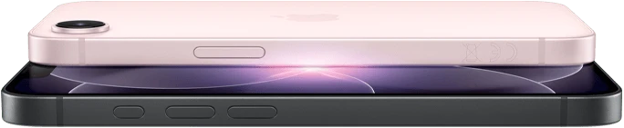 iPhone 17e, horizontal side and back exterior, soft pink color, iPhone 17e, horizontal side and front exterior, black color