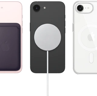 iPhone 17e, back exterior, soft pink color, FineWoven Wallet with MagSafe attached, iPhone 17e, back exterior, black color, MagSafe Charger attached, iPhone 17e, back exterior, white color, Clear Case with MagSafe attached