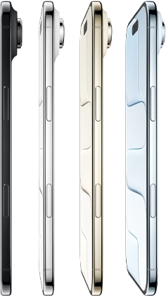 iPhone Air, side exterior, all four finishes, Sky Blue, Light Gold, Cloud White, Space Black, very thin profile, Fusion camera system, buttons: side, Camera Control