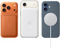 iPhone 17 Pro, back exterior, [O7] color, with Silicone Case in Sienna color and FineWoven Wallet with MagSafe in Fox Orange color; iPhone Air, back exterior, Cloud White color, with Magsafe Battery; iPhone 17, back exterior, Mist Blue color, with Silicone Case in Anchor Blue color and MagSafe Charger