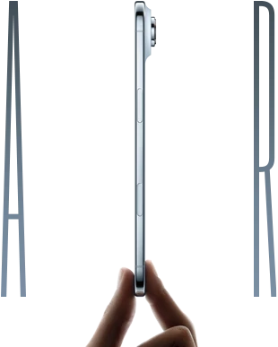 A thumb and forefinger holding iPhone Air, side exterior, Sky Blue color, very thin profile, Fusion camera system, buttons: side, Camera Control