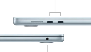 لقطة جانبية لجهاز MacBook&nbsp;Air تبيّن المنافذ: منفذ MagSafe و2 من منافذ ثندربولت&nbsp;4 في الجهة اليسرى، ومقبس لسماعات الرأس في الجهة اليمنى