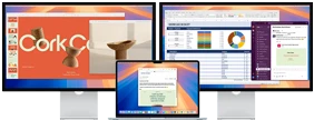 Open MacBook Air with two external displays, showing a variety of apps onscreen