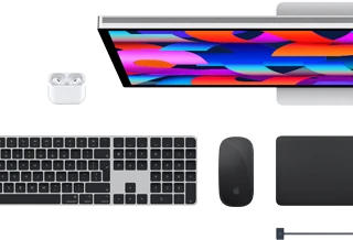Mac accessories: AirPods, Studio Display, Magic Keyboard, Magic Mouse, Magic Trackpad, MagSafe charge cable in Midnight color