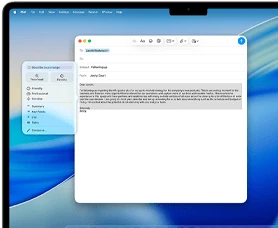 شاشة MacBook&nbsp;Air تعرض أدوات الكتابة في Apple&nbsp;Intelligence وهي تُنشئ رسالة إيميل