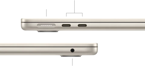 صورة للجانب الأيسر من جهاز MacBook&nbsp;Air وهو مغلق، تعرض منفذ&nbsp;MagSafe مع اثنين من منافذ ثندربولت، وللجانب الأيمن، تعرض مقبساً لسماعات الرأس