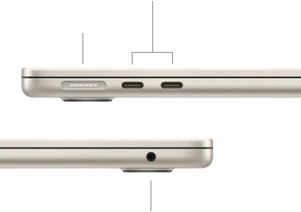 صورة للجانب الأيسر من جهاز MacBook&nbsp;Air وهو مغلق، تعرض منفذ&nbsp;MagSafe مع اثنين من منافذ ثندربولت، وللجانب الأيمن، تعرض مقبساً لسماعات الرأس