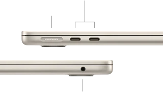 صورة للجانب الأيسر من جهاز MacBook&nbsp;Air وهو مغلق، تعرض منفذ&nbsp;MagSafe مع اثنين من منافذ ثندربولت، وللجانب الأيمن، تعرض مقبساً لسماعات الرأس