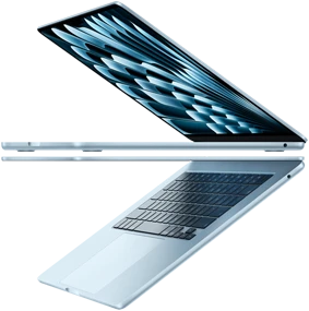 Two open MacBook Air laptops in sky blue color forming arrow shape, emphasizing narrow profile